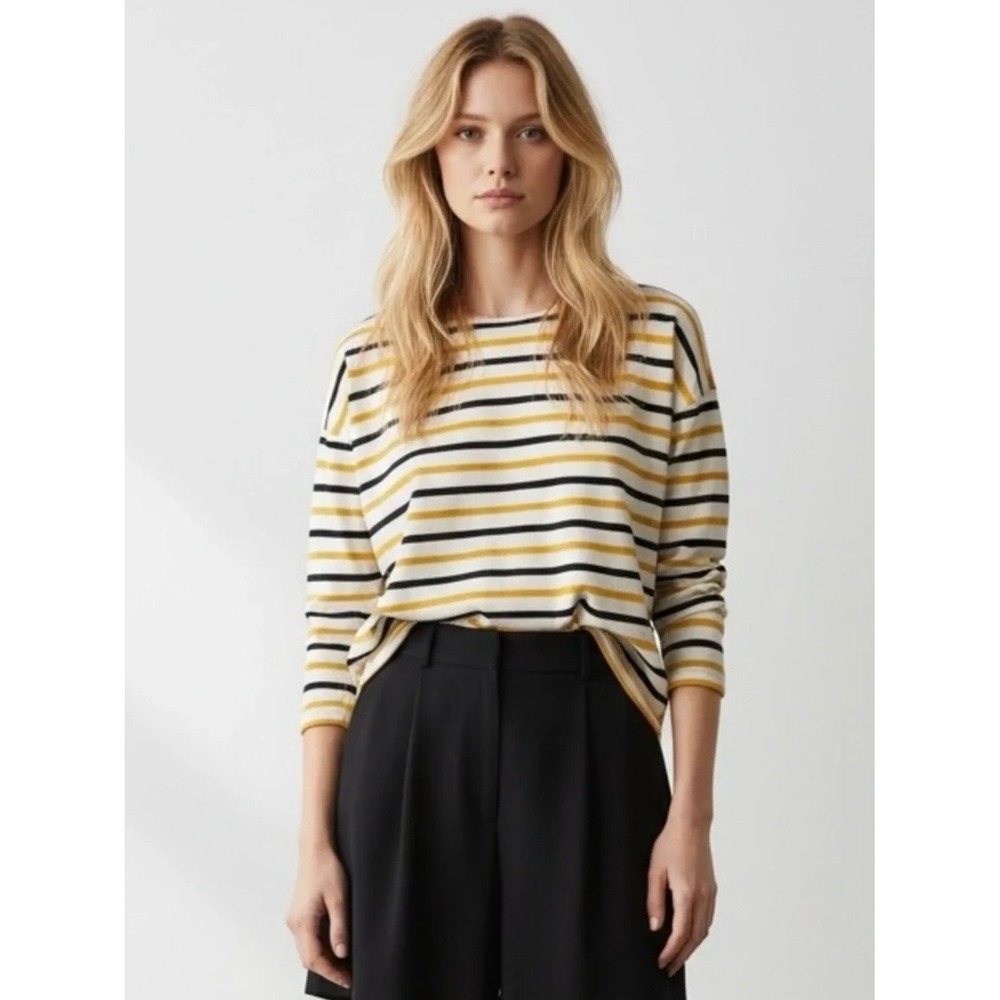 La Ligne Womens XS Striped Cotton Long Sleeve Top Cream Navy Yellow Relaxed Fit